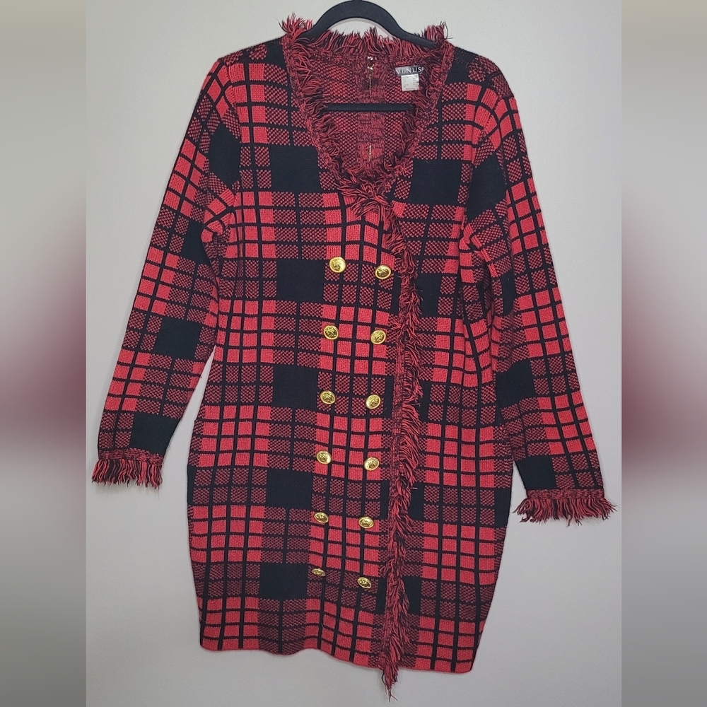 VENUS Red and Black Plaid Sweater Dress Fringe Gold Buttons Fitted XL